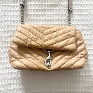 Rebecca Minkoff Edie nylon quilted crossbody bag tan with silver hardware